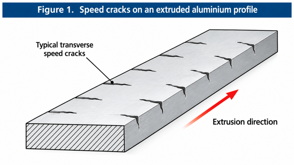 Typical speed cracks on an aluminium extrusion. The cracks are predominantly transverse to the extrusion direction.